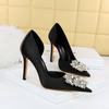 European and American Party High Heels Side Hollowed Out Thin Heel Shallow Mouth Pointed Silk Diamond Women's Shoes High Heel Single Shoes
