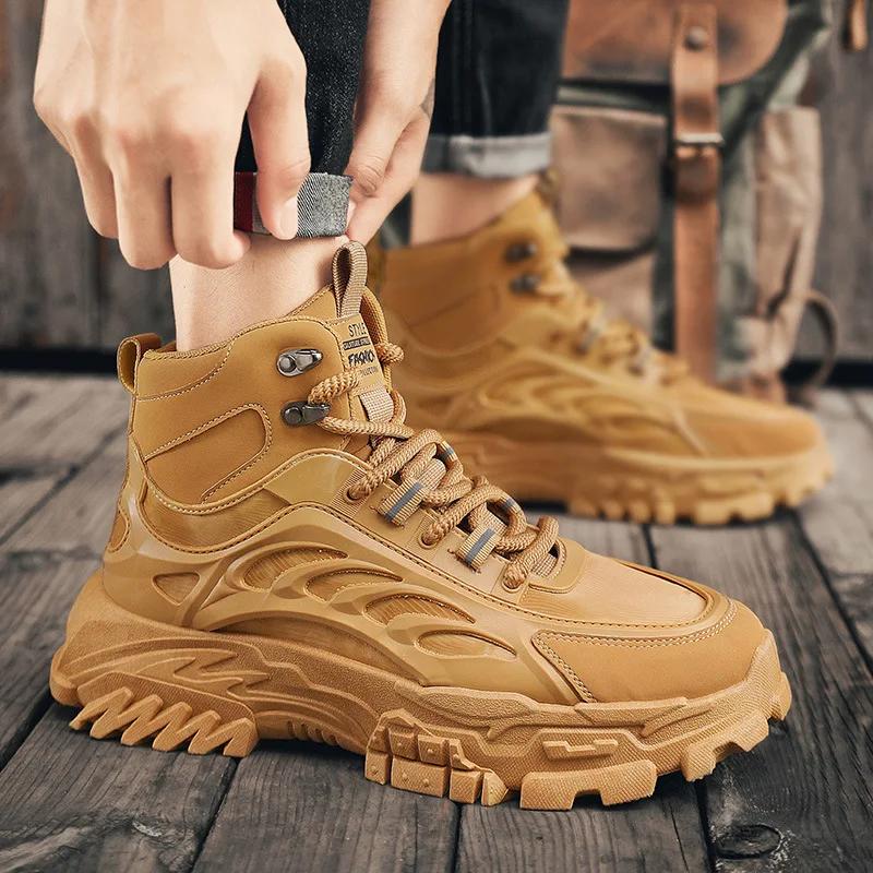 Мода 2024 года, новые осенне-зимние высокие мужские ботинки на толстой подошве, повседневные ковбойские сапоги для работы на открытом воздухе, модная мужская обувь на платформе в стиле ретро