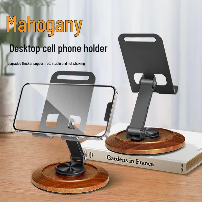Walnut Wood Rotating Metal Phone Stand – Adjustable Desktop Holder for Streaming and Viewing