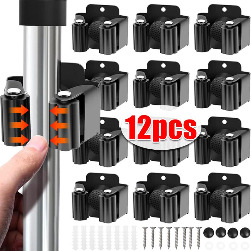 12/1pc Wall Mounted Mop Holder Clips Stainless Steel Mop Broom Hanger Rack Waterproof Kitchen Bathroom Storage Shelf Hooks
