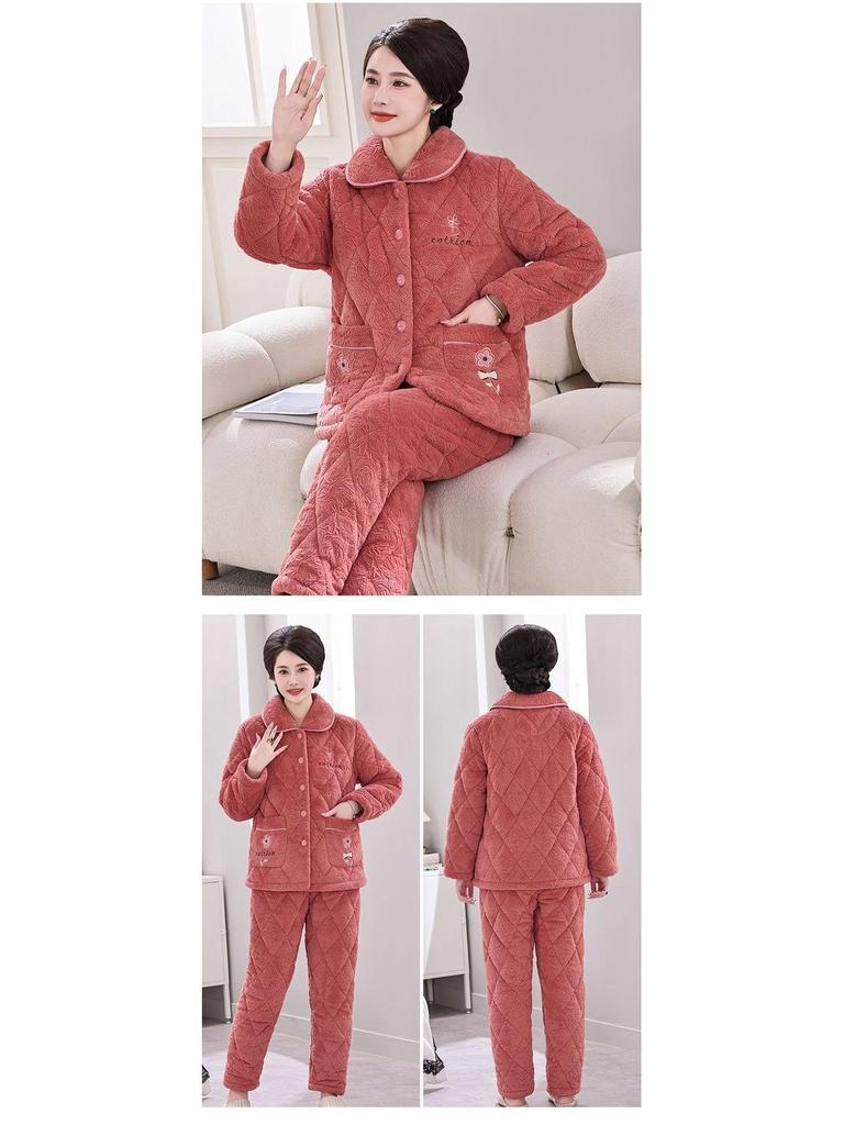 Женская зимняя стеганая пижама из кораллового флиса - Теплый фланелевый комплект для дома для мам среднего и пожилого возраста