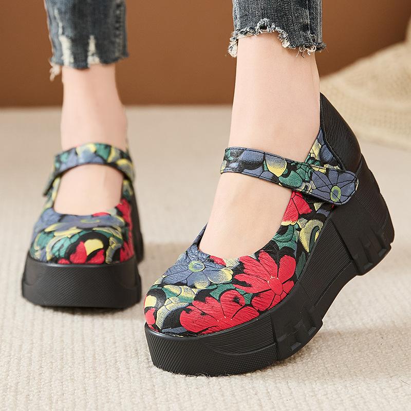 High Quality 7CM Genuine Leather Pigskin Moccasins Ladies Summer Women Thick Soled Flats Platform Wedge Sandals Round Toe Shoes
