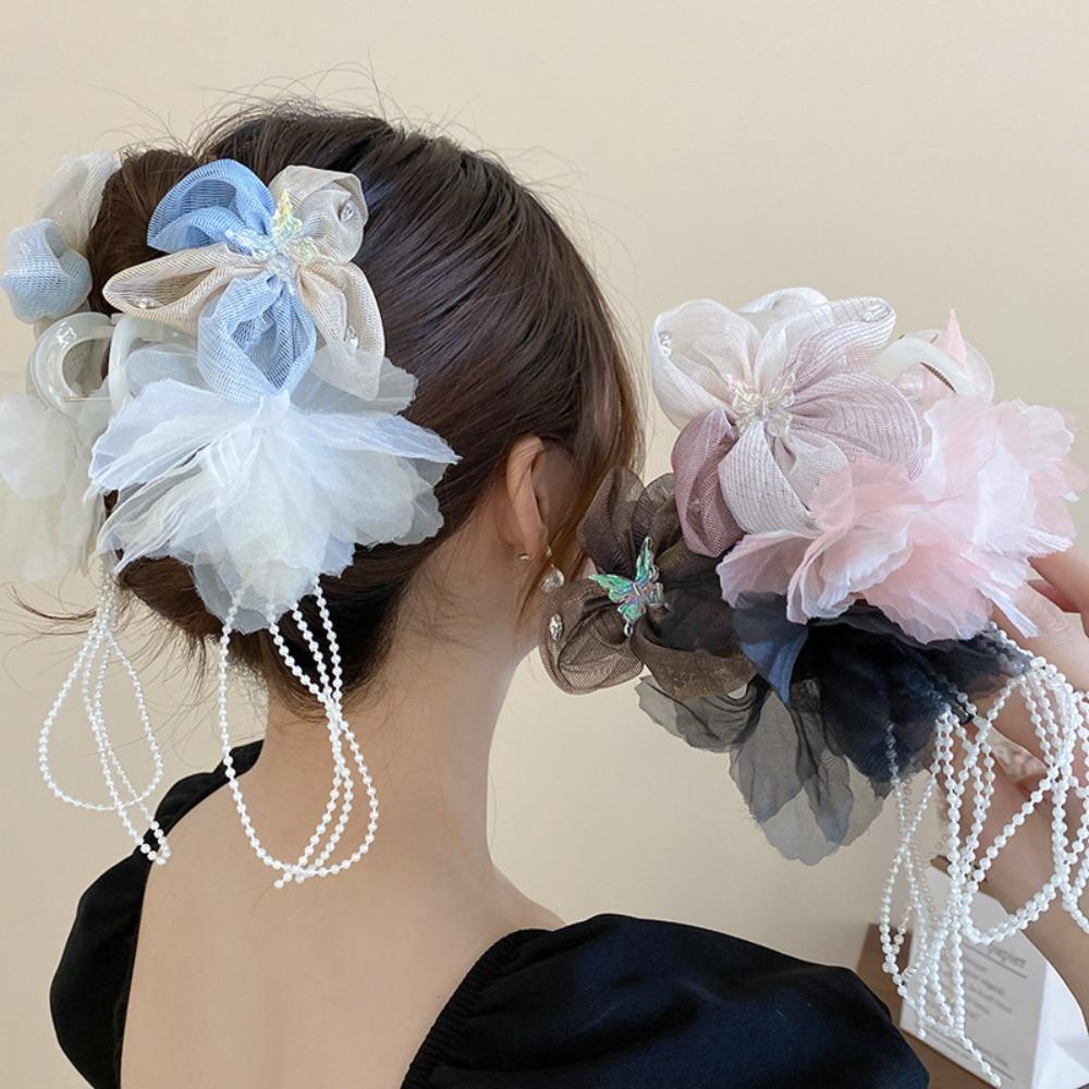 Заколка-краб для волос с цветочным жемчугом, кисточкой, элегантные заколки для волос с крабами, аксессуары для волос