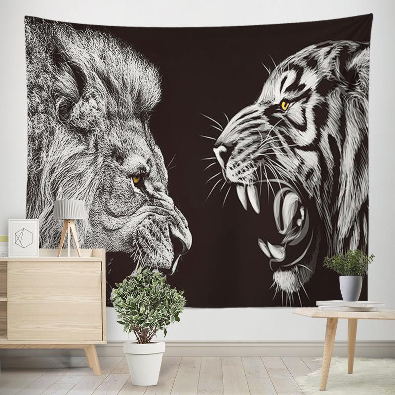 Home Decor Tapestry Black Lion Tiger Wild Animal Print Tapestry Wall Hanging Living Room Bedroom Wall Decor Backdrop Fabric