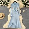 Korean Dresses Womens Outfits Long Sleeve Tunic Cropped Cardigan High Waist Bodycon Tunic  Fashion Knitted Women Dress