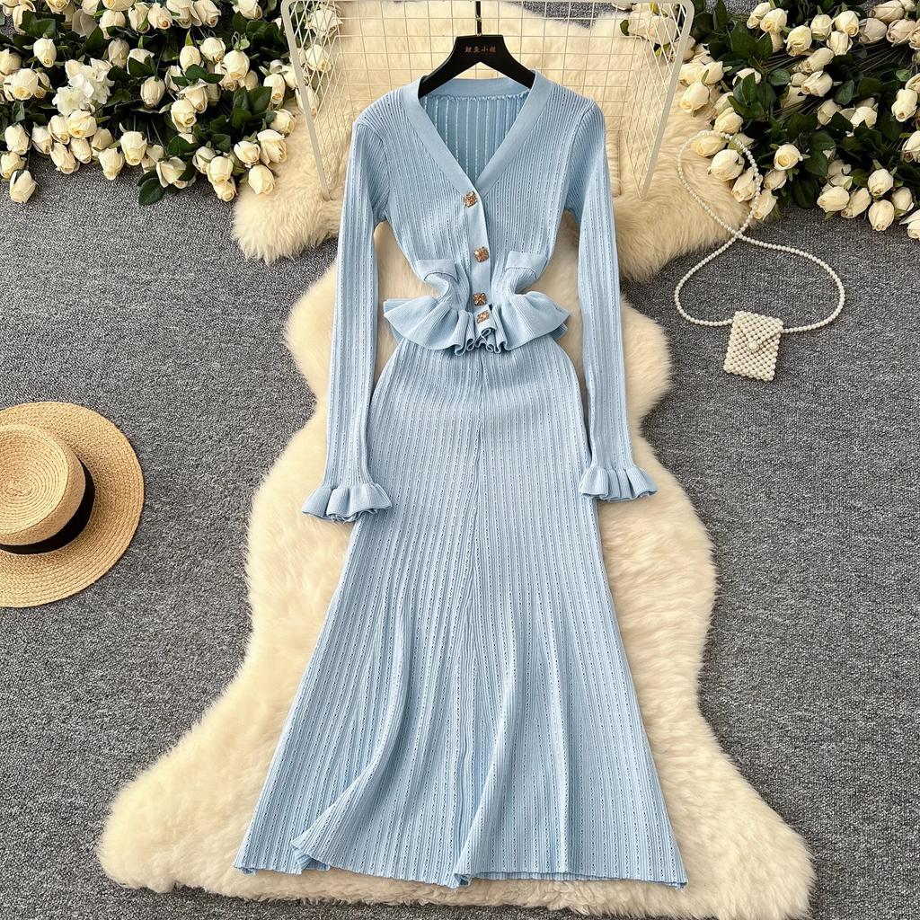 Korean Dresses Womens Outfits Long Sleeve Tunic Cropped Cardigan High Waist Bodycon Tunic  Fashion Knitted Women Dress