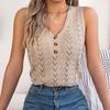 Spring Summer Solid Color Elegant Hollow Button Tank Top Knitted Tops for Women