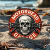 2d Flat 20*20cm, Retro Wooden Logo for Motorcycle Garage with Skull and Spark Plug, Rural Wooden Wall Decoration In Homes, Cafes, and Restaurants.