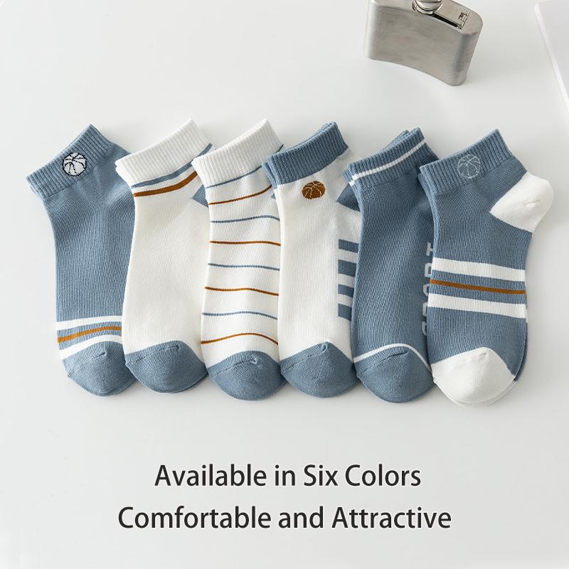 6 Pairs of Men's Spring Autumn Letter Slogan Striped Basketball Sports Breathable Fashion Versatile College Style Summer Socks