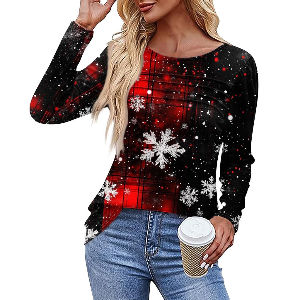 Ladies' Casual Fashion Printed Round Neck Long Pleated T-shirt Top Christmas