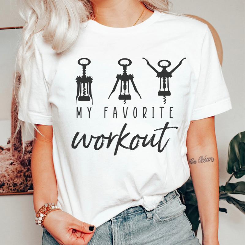 My Favorite Workout Funny Saying TShirts for Women Alcohol Drinking Sarcastic Graphic Tees Short Sleeve Wine Lover T Shirt Gift