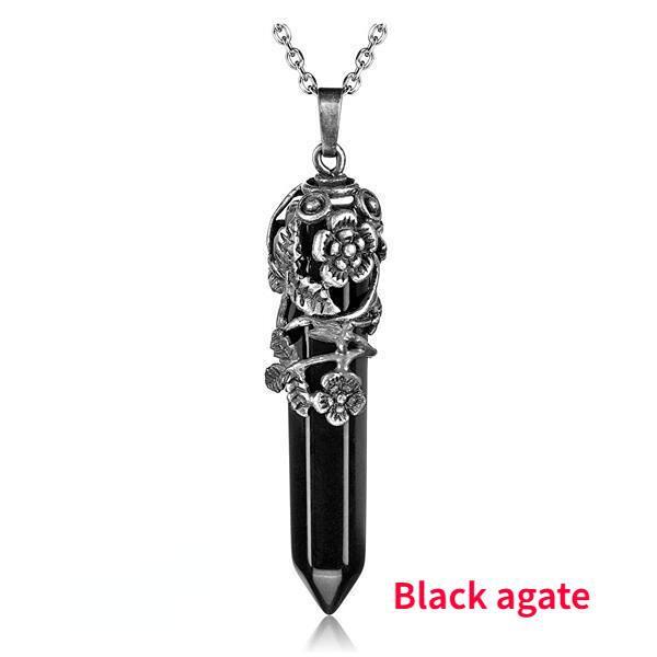 Мода Натуральный Кристалл Шестиугольная Колонка Винтаж Сплав Роза Кулон Аметист Кристалл Ожерелье