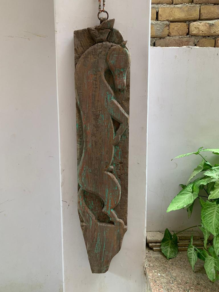 Rustic Wood Carved Horse Wall Plaque: Antique Indian Panel