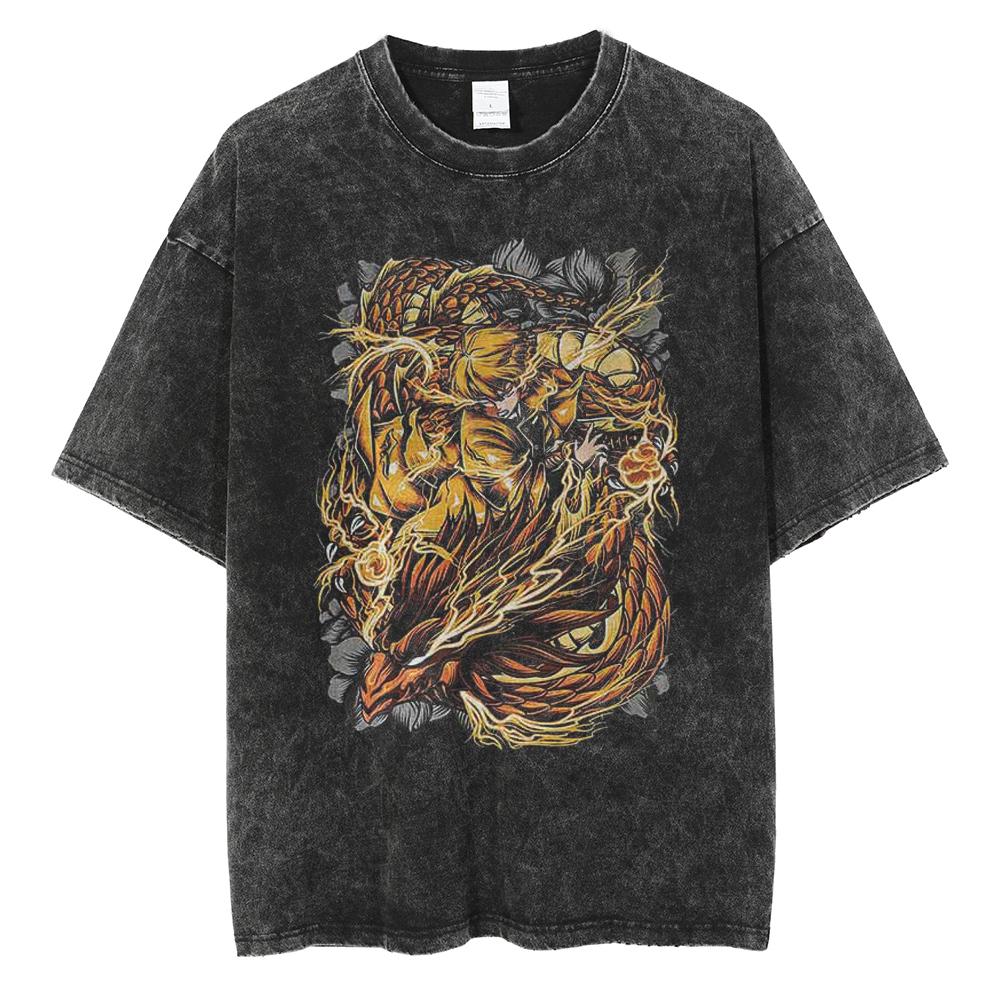 Hot Anime Demon Slayer Kokushibo Graphic Print Washed T Shirt Men Vintage Cotton Tshirts Manga Casual Tee Harajuku Male T-shirt