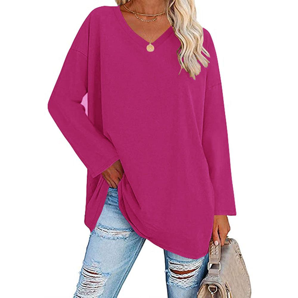 Multi Color Oversized Loose V-neck Solid Color Women's T-Shirts
