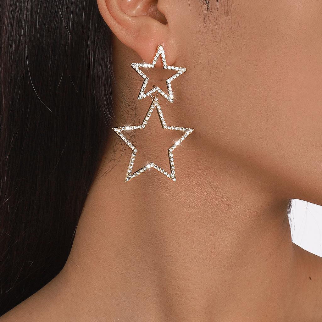 Trendy Double Layer Pentagram Rhinestone Earrings Sexy Korean Style Fashion Personality Elegant Dangle Earrings For Women