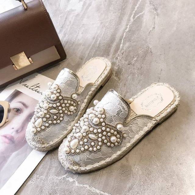 Spring And Summer Top Sell Pearl Rhinestone Loafers Women 'S Flat -Bottomed Espadrilles Casual Lazy Shoes Women Flat Shoes