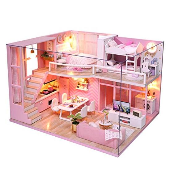 CUTEROOM DIY Деревянный кукольный домик с LED-подсветкой и музыкальной шкатулкой, пылезащитный чехол, набор мебели и миниатюрных аксессуаров, Ручной работы миниатюрный дом, Подарок