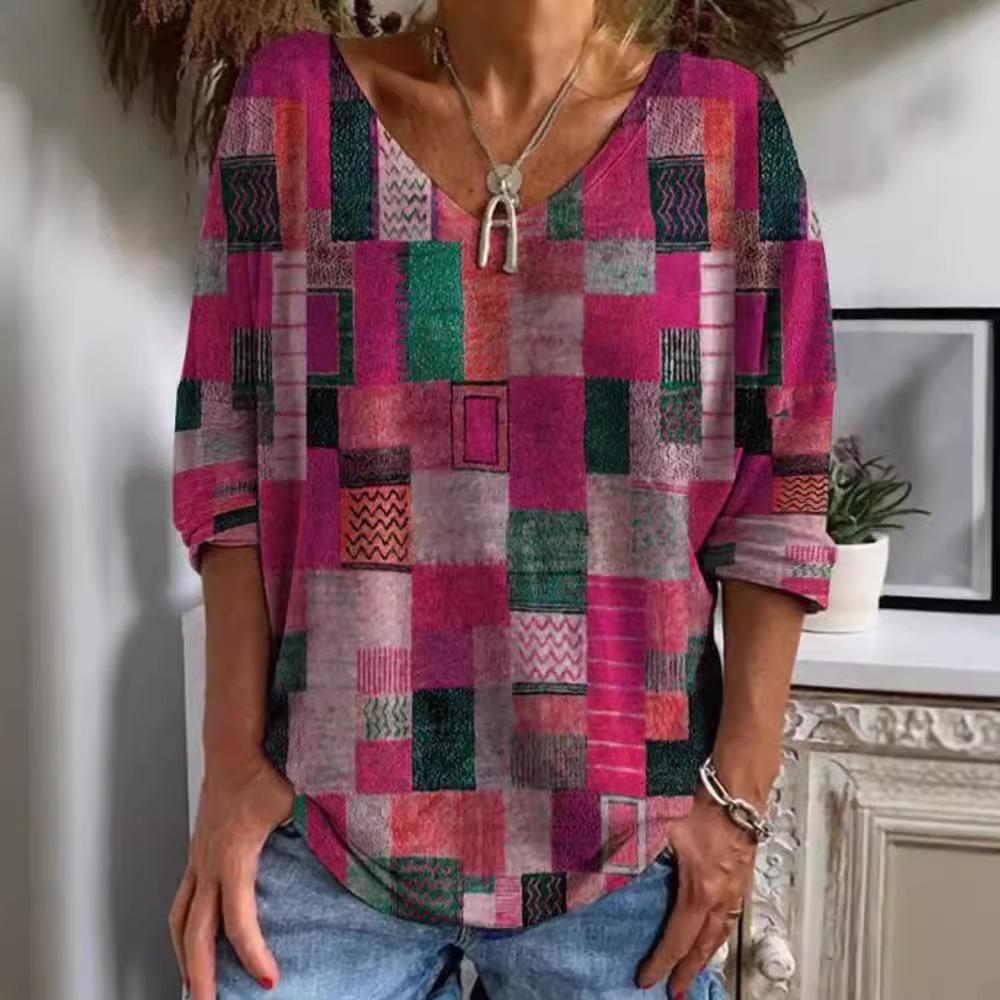 Осенняя новая мода с длинными рукавами женская футболка с V-образным вырезом повседневная свободная полоса принтованная уличная женская футболка-пуловер