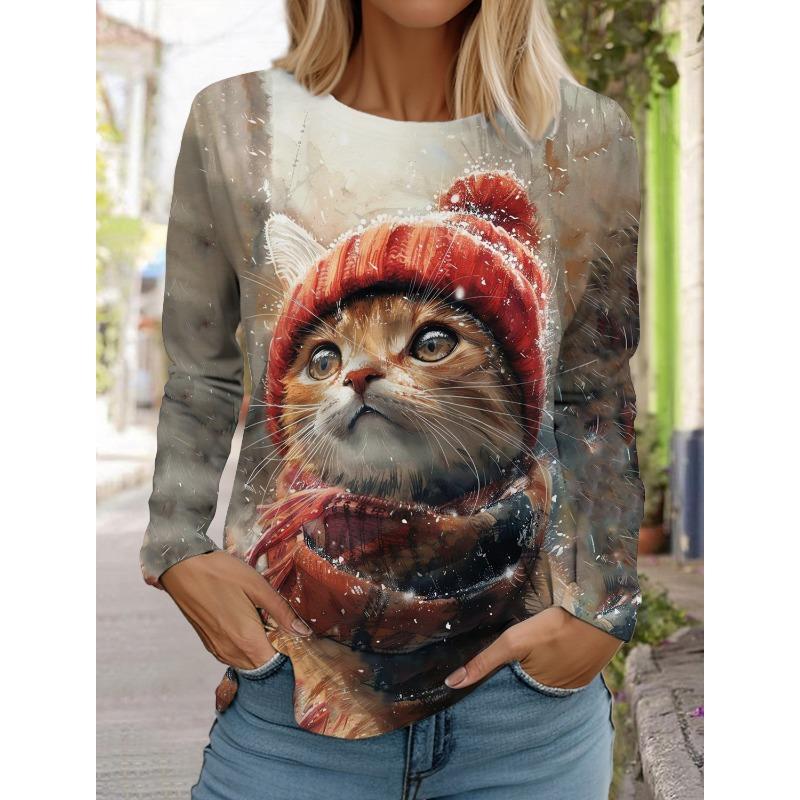 Женская толстовка с круглым вырезом, с длинным рукавом, модная, повседневная, с милым рисунком котенка и животных, с принтом топов