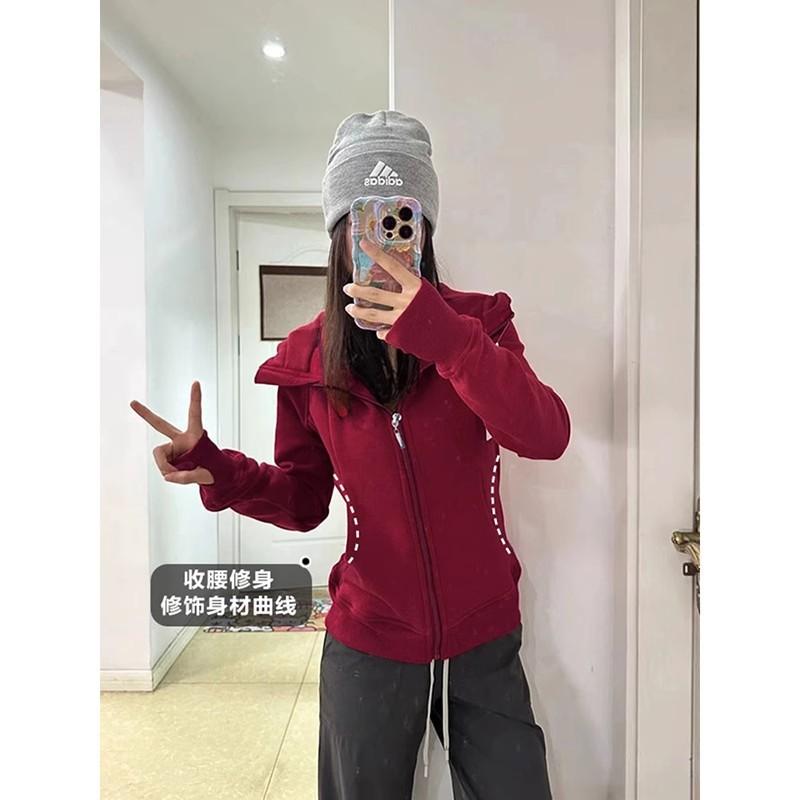 Womens Slim Fit Hooded Zip-Up Sweatshirt Casual Korean Style Lightweight Cotton Blend Long Sleeve Top