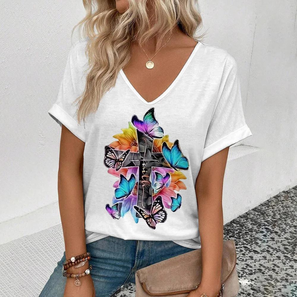 Summer Women T-shirt Butterfly Pattern V-Neck Tops Tees Female Fashion Trend Short Sleeve Clothing Ladies Daily Casual Outfit
