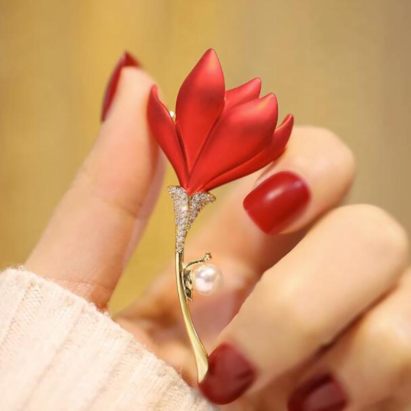 Exaggerated Atmospheric Pearl Bouquet Corsage Personality Trendy Red Flower Brooch For Women Jewelry Gift