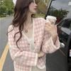 Кардиган с v-образным вырезом, однобортное свободное пальто 2023, повседневная маленькая ароматная клетчатая вязаная куртка с длинными рукавами для женщин, осень 2023