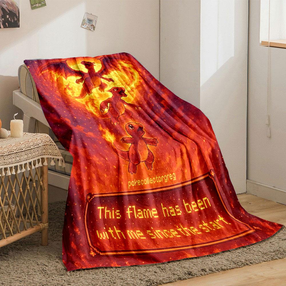Fiery evolution sequence of Charmander to Charizard against molten flames. for all seasons blanket lunch break throw gift