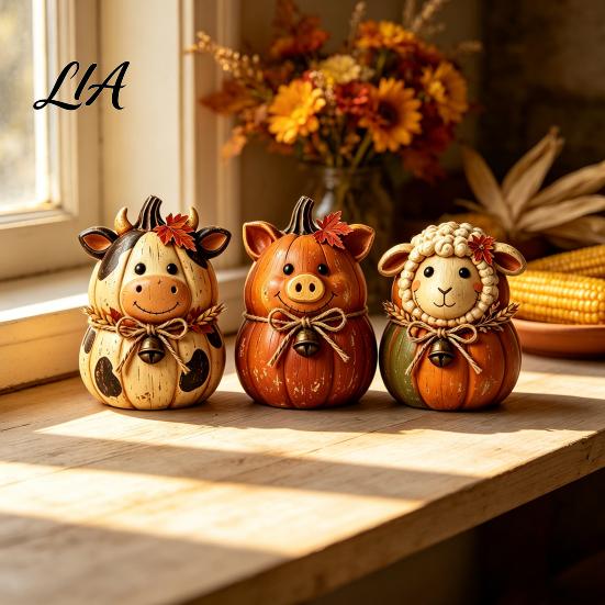 Autumn Harvest Wooden Table Decor 3PCS Rustic Ornaments, Animal Designs Retro Desktop Fall Party Distressed Farmhouse Crafts, Decorative Handmade