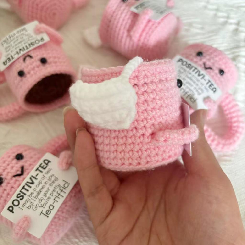 Funny Crochet Positive Pink Tea Cup Doll with Motivational Card Handmade Emotional Support Cup Desktop Ornament for Women Friend