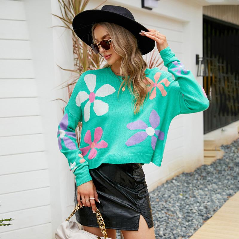 2024 Женский цветочный сладкий пуловер свободный свитер с длинными рукавами и круглым вырезом милый повседневный универсальный вязаный топ