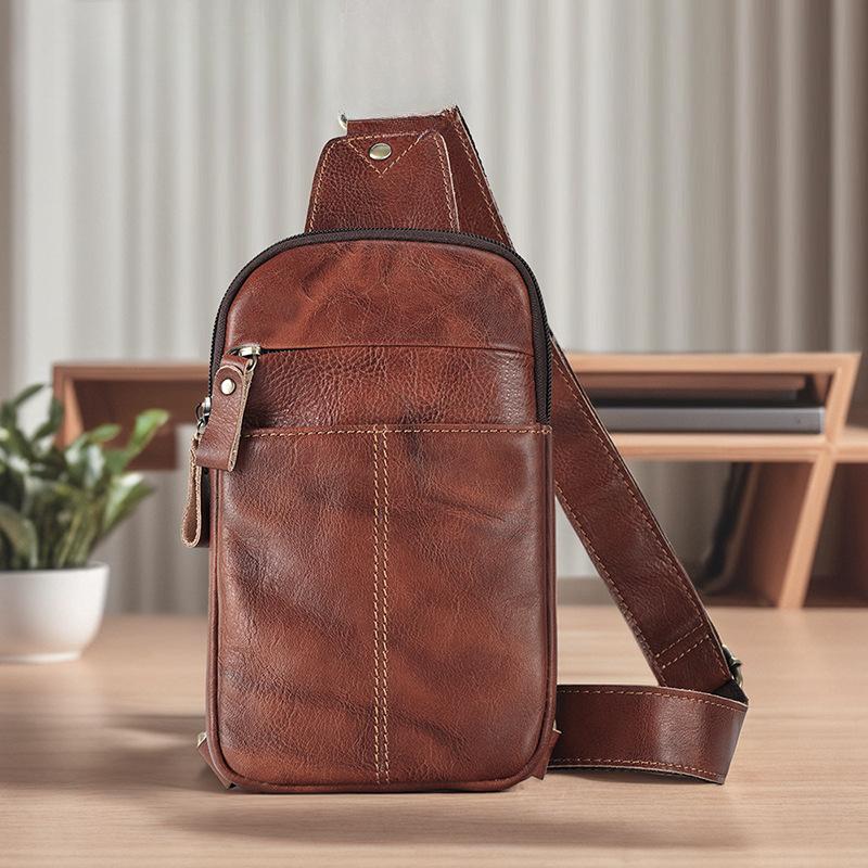 Men's Cowhide Chest Bag Fashion Chest Bag Men's Casual Crossbody Bag Simple Shoulder Bag Genuine Leather Chest Bag