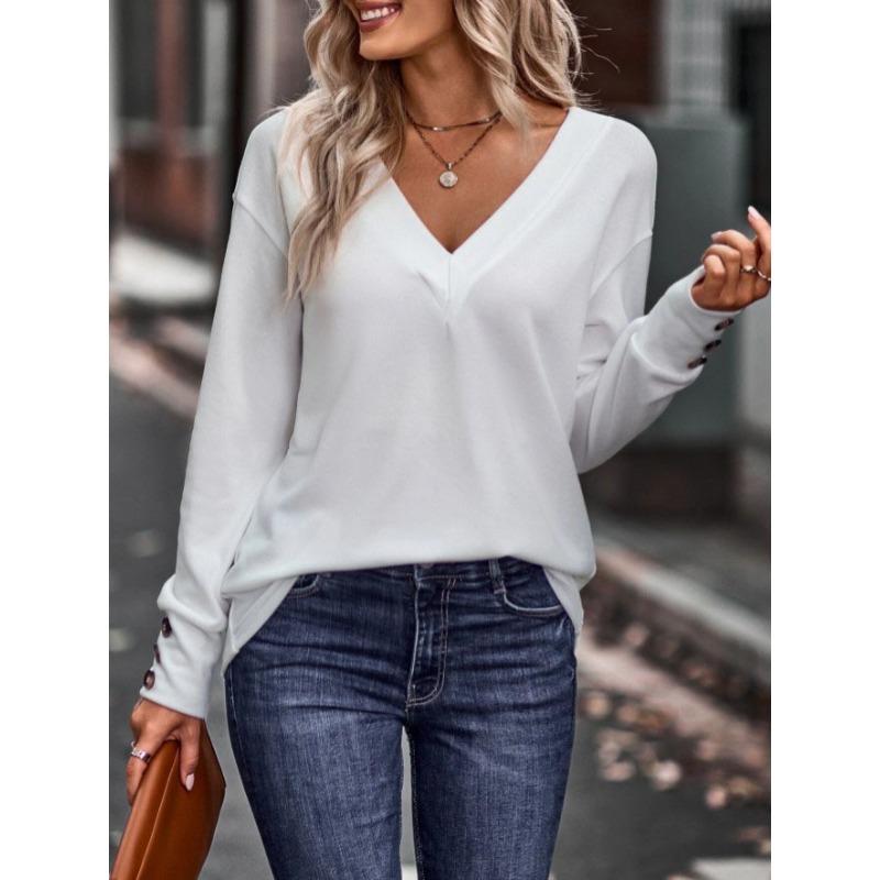 Women's Autumn Winter Solid Color V-neck Loose Long Sleeved T-shirt Button Top Blouses & Shirts