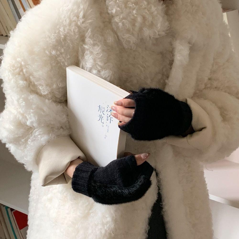 Windproof Knitted Gloves Soft Plush Gloves Vintage Half-Finger Gloves Driving