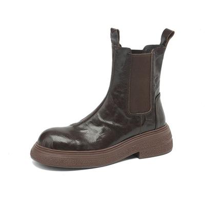 Овчина Осенне-зимняя обувь Мотоциклетные ботинки с толстой подошвой Круглый носок Теплые ботинки на платформе Ботильоны