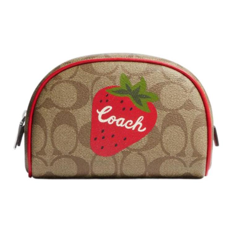New COACH Dome Leather Handheld Makeup Bag Trumpets Women's Red & Brown CH528-SVRVB