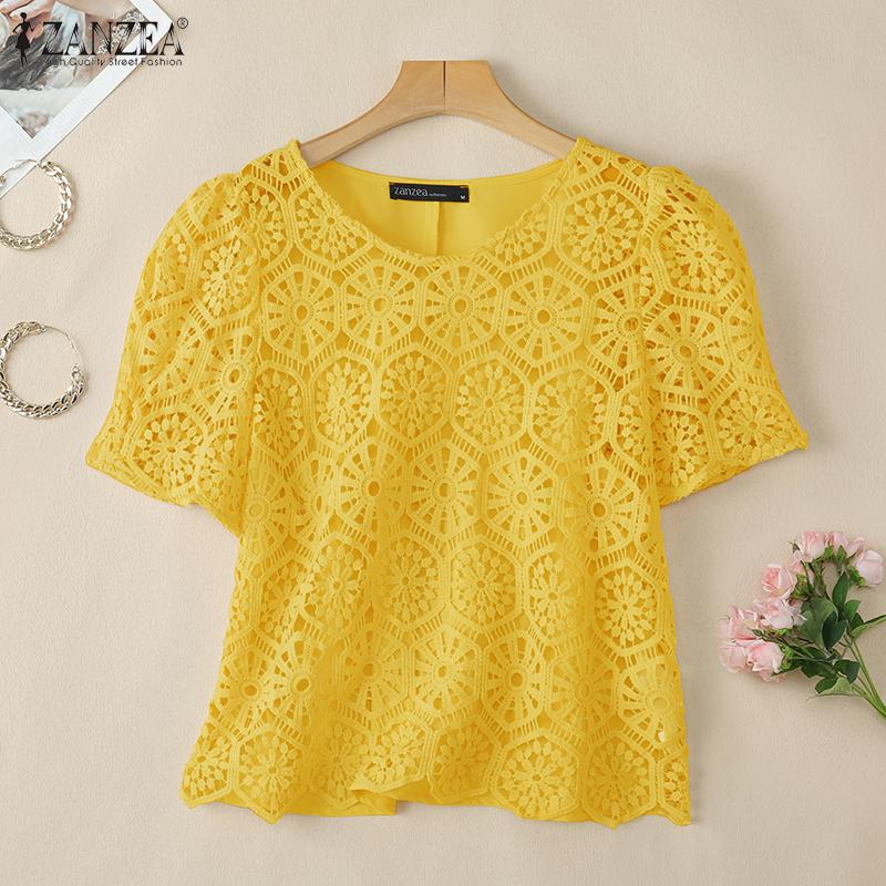 ZANZEA Женская повседневная кружевная блузка в стиле пэчворк с коротким рукавом на лето