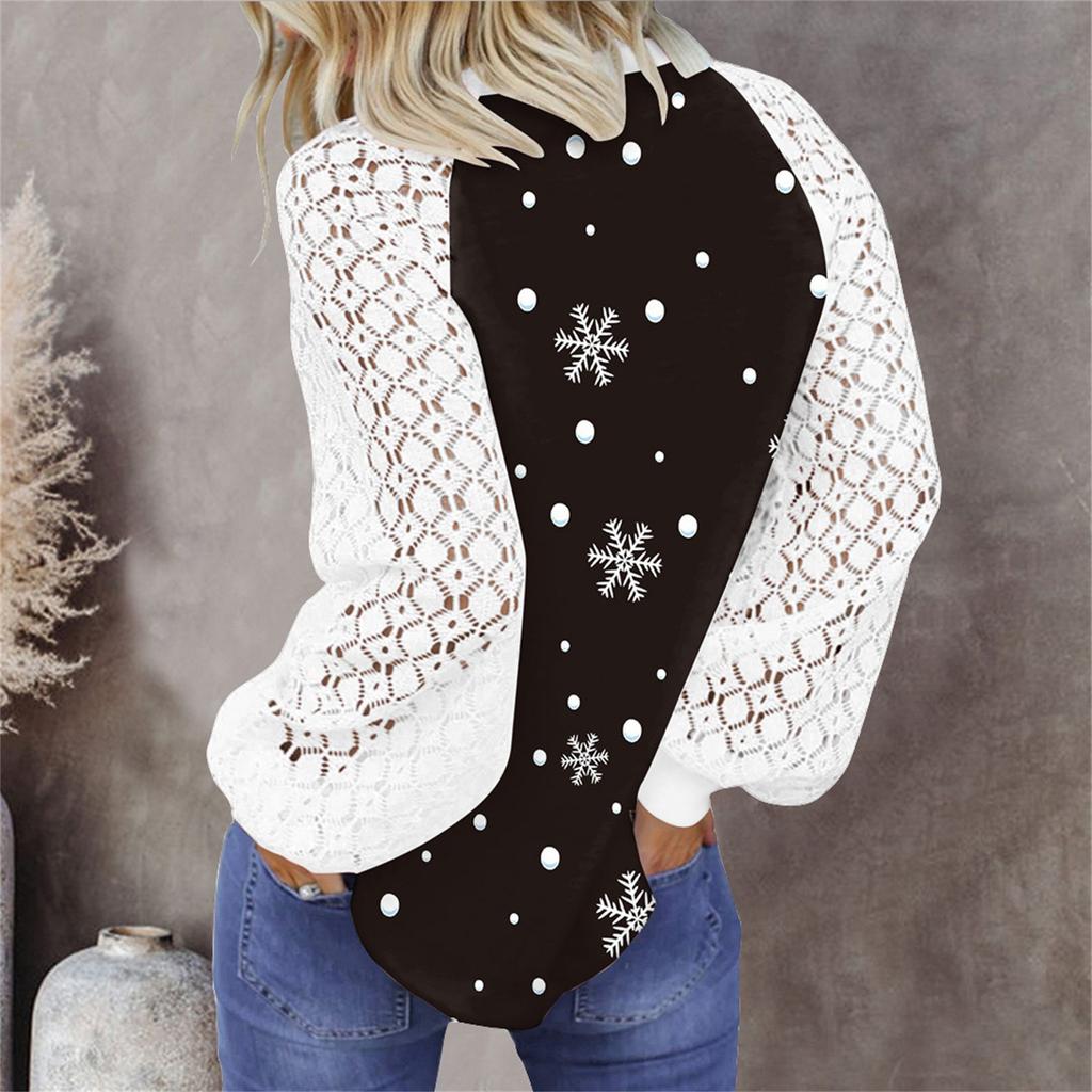Женские Рождественские Топы с Длинным Рукавом Кружевные Повседневные Свободные Блузки Футболки Туники