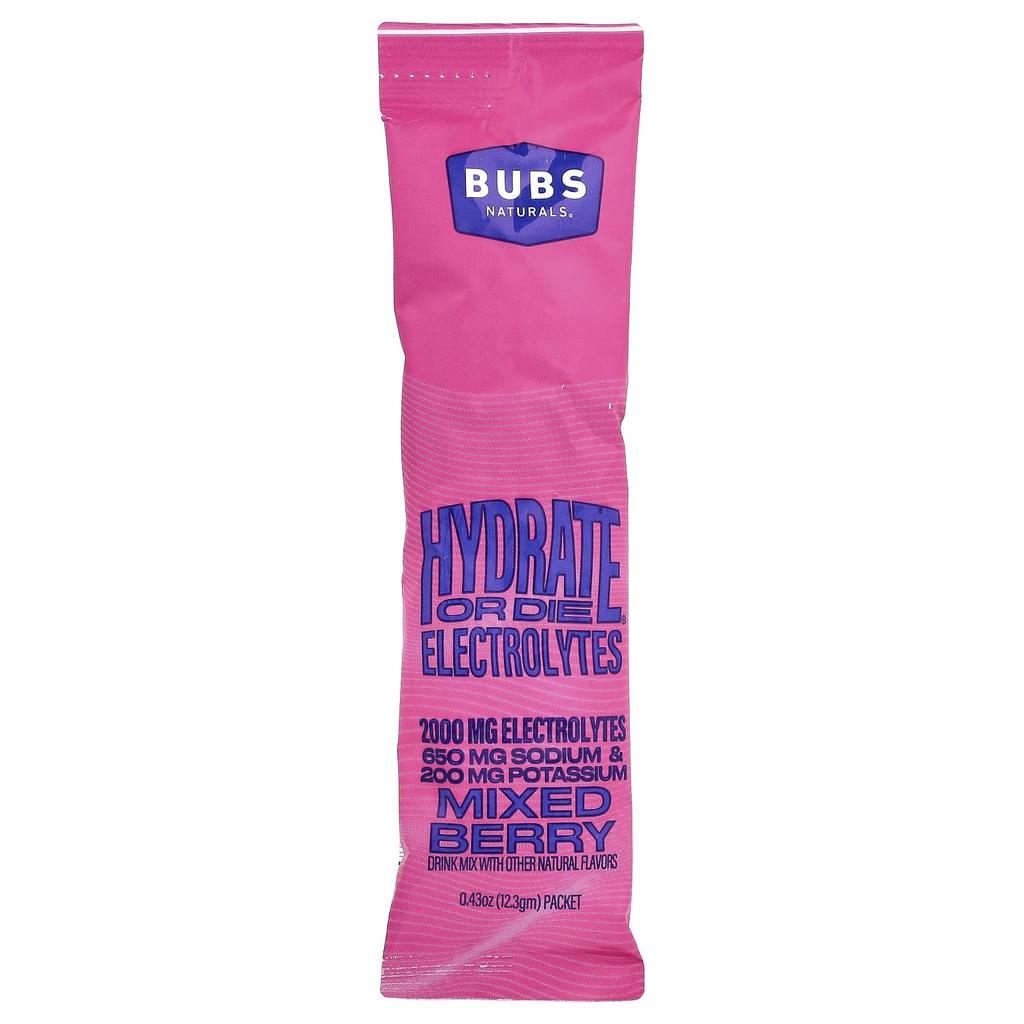 BUBS Naturals Hydrate or Die®, Electrolyte Drink Mix, Mixed Berry, 20 Packets, 12.3 G (0.43 Oz) Each