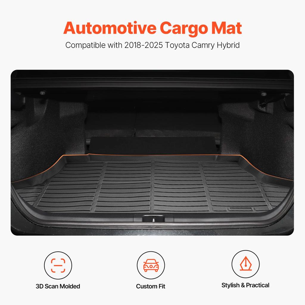 VEVOR Cargo Mat Compatible with Toyota Camry Hybrid 2018-2025, Precise Fit Odorless Durable Trunk Mat, TPE Trunk Protector Replacement, Black (1PCS)