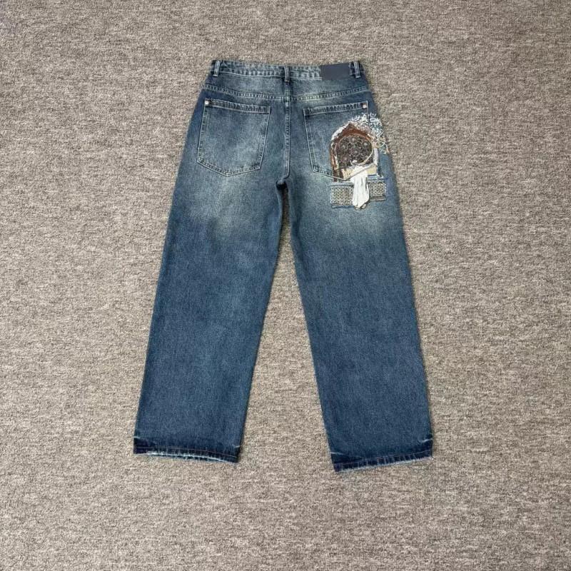 Mens Loose Straight Fit Denim Pants With Floral Embroidery Casual Streetwear Jeans