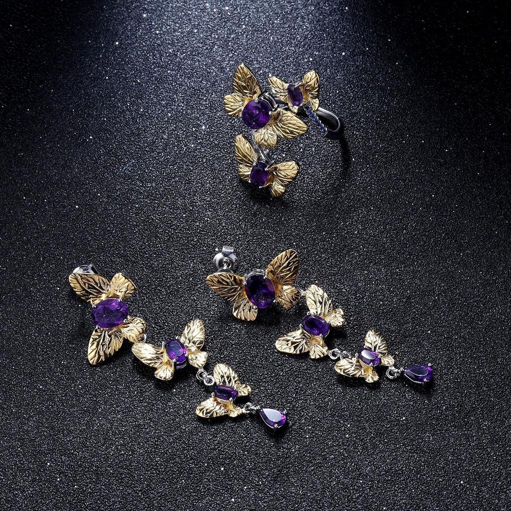 Оригинальное дизайнерское кольцо с драгоценными камнями высокого класса, открытое кольцо из серебра 925 пробы с натуральным аметистом и натуральным аметистом.