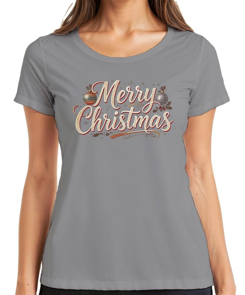 Merry Christmas Xmas Baubles Hand Lettering Retro Ladies TShirt