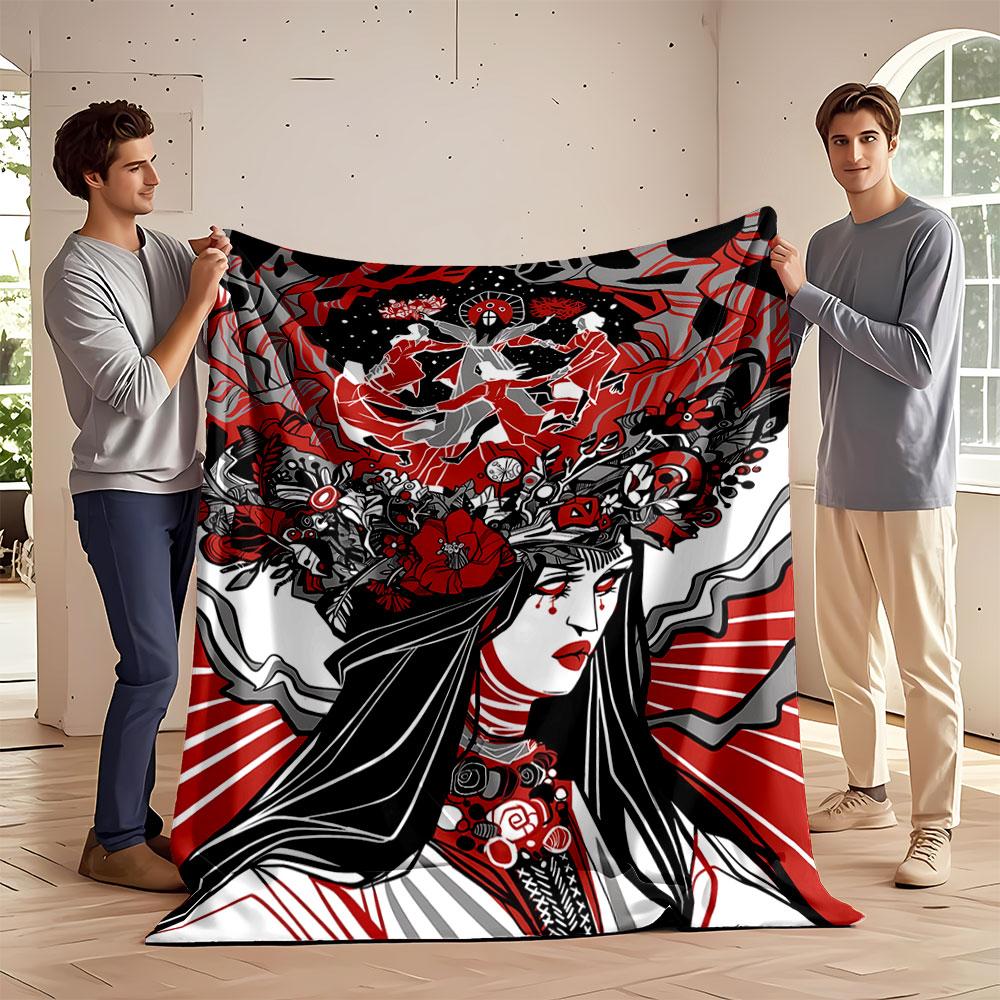 A red, black, and white illustration with flowers, a woman, and dancers. for all seasons blanket lunch break throw gift