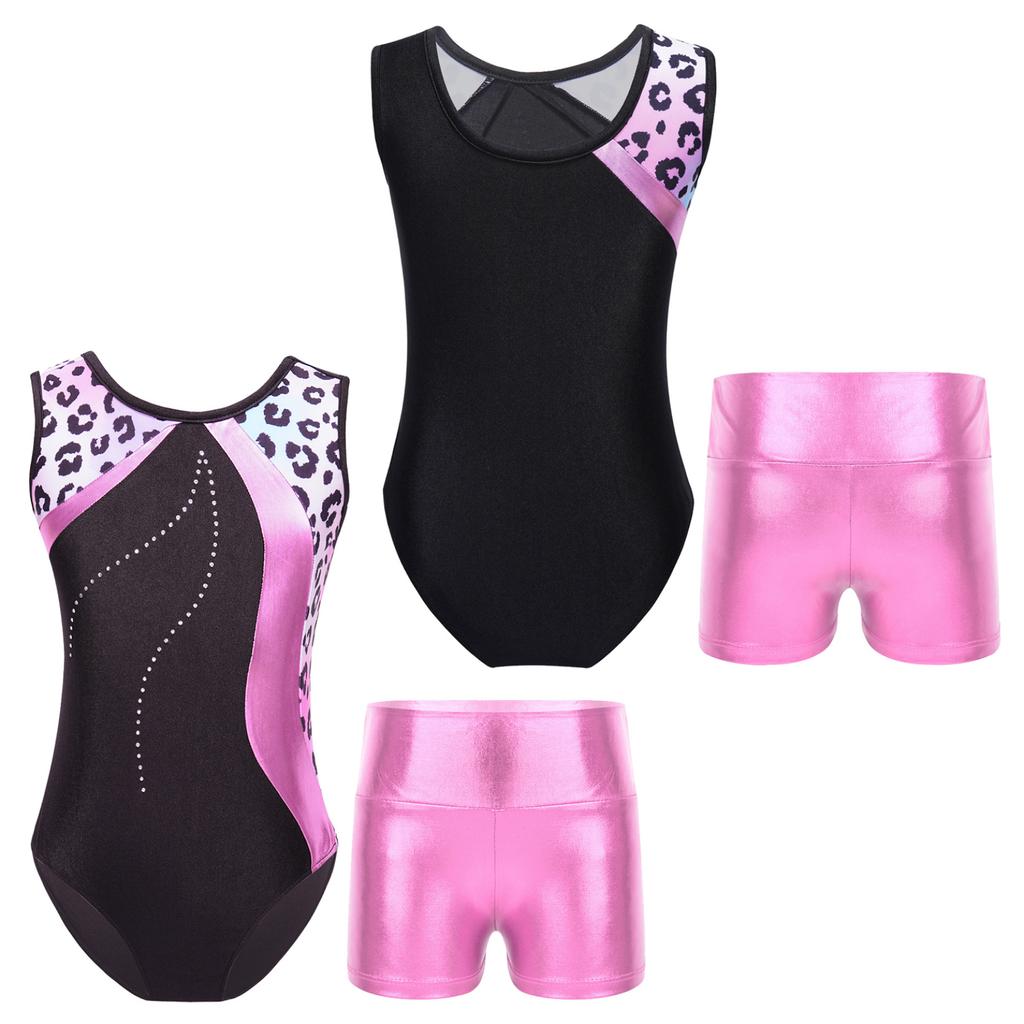 Детский лоскутный купальник без рукавов для девочек с металлизированными шортами с высокой талией, комплекты для танцев, катания на коньках, гимнастический комбинезон