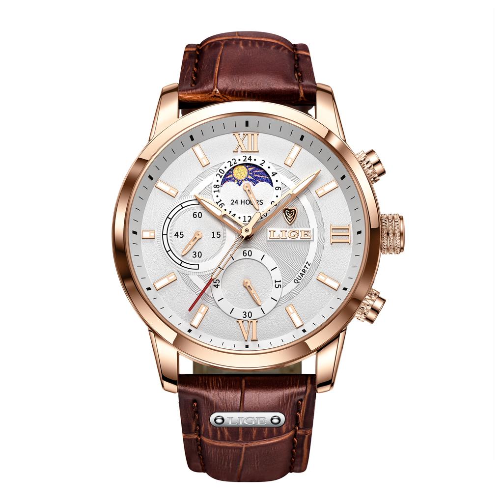 LIGE mens wristwatch Waterproof Luminous Moon phases military watches men Quartz Leather male watch Date sports watches for men