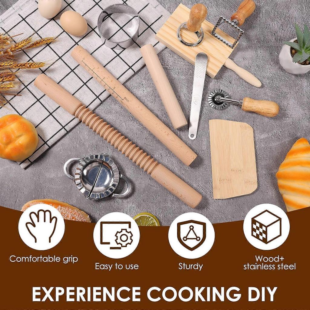 11-Pc Pasta Making Kit W/ Wooden Rolling Pin, Gnocchi Board, Dough Cutter, Dumpling & Ravioli Maker – Compatible with All Kitchens less