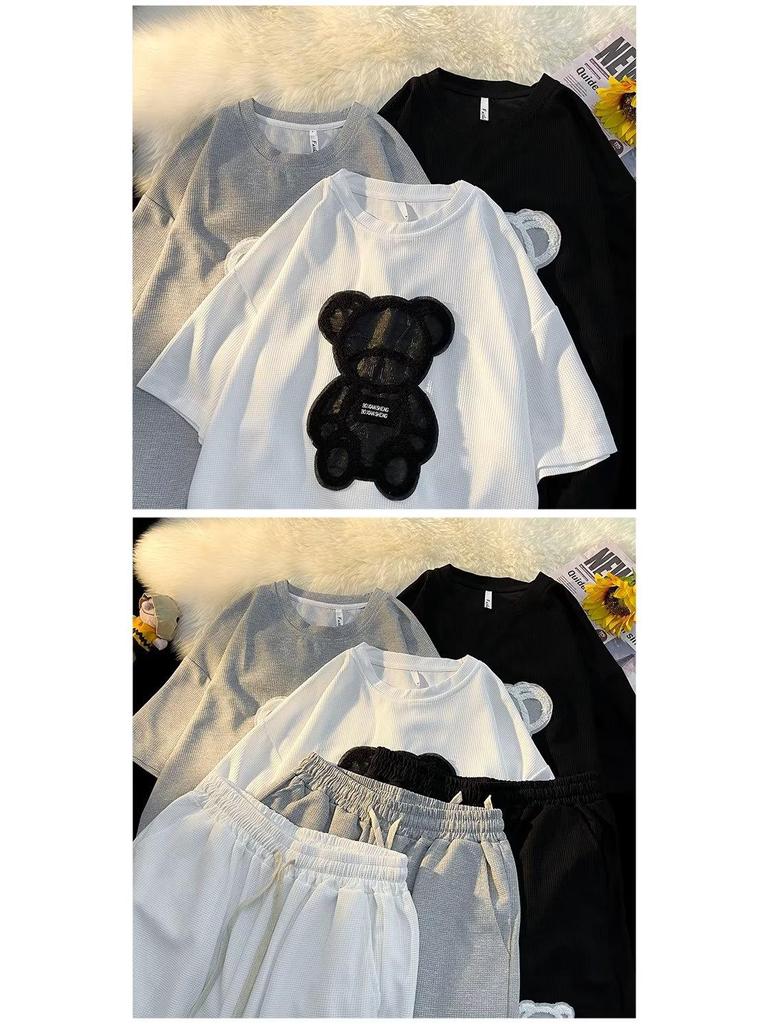 Мужской летний комплект из шорт с короткими рукавами и принтом медведя