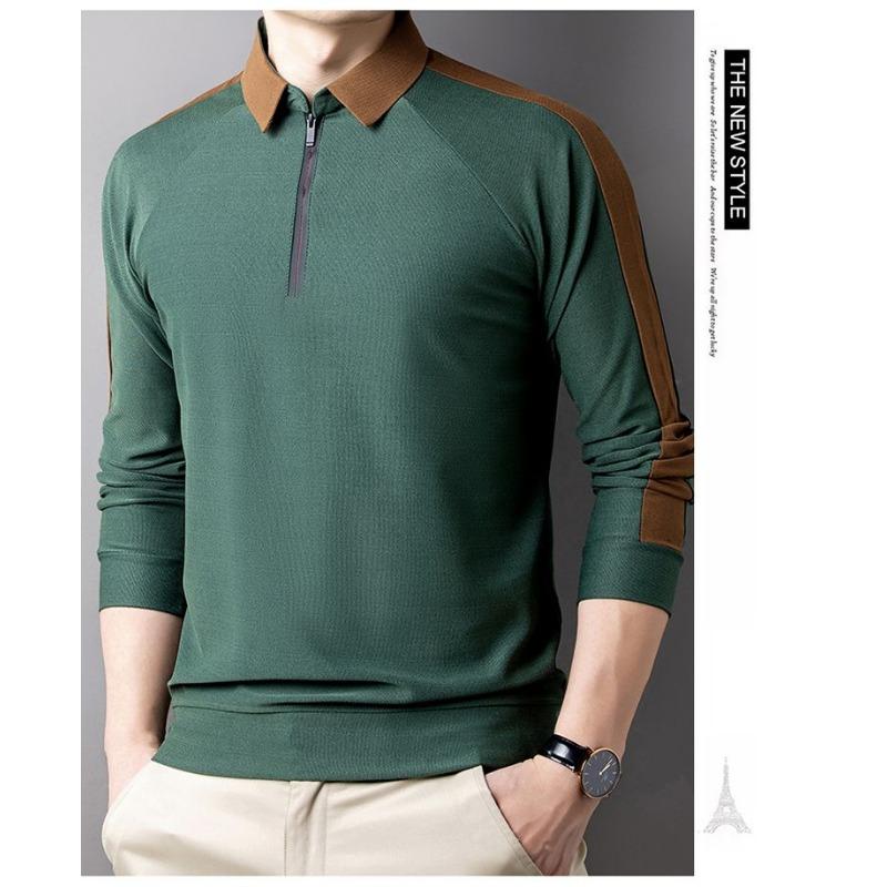 Весенне-осенняя мужская рубашка-поло с длинным рукавом, базовая, для папы среднего возраста, высокого класса, с отложным воротником и застежкой-молнией